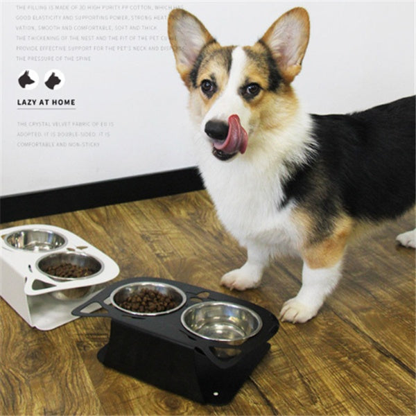 Pet Haven Delights cat and dog water bowl with stand, featuring stainless steel bowls and a sturdy base