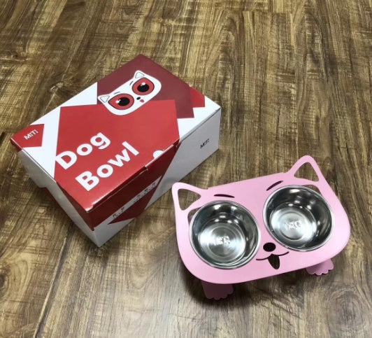 Pet Haven Delights cat and dog water bowl with stand in pink with stainless steel bowls