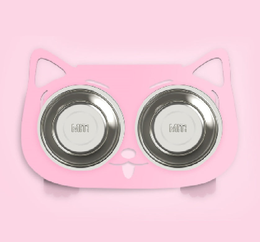 Cute pink cat and dog water bowl with stand featuring a playful design and stainless steel dishes