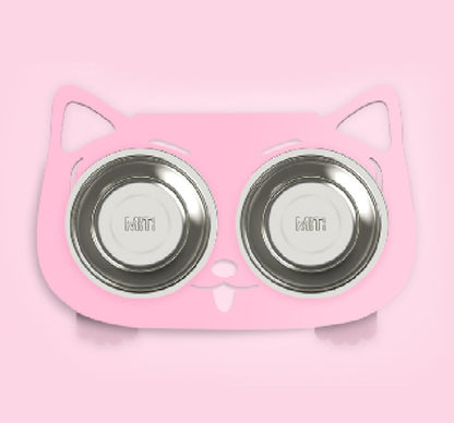 Cute pink cat and dog water bowl with stand featuring a playful design and stainless steel dishes