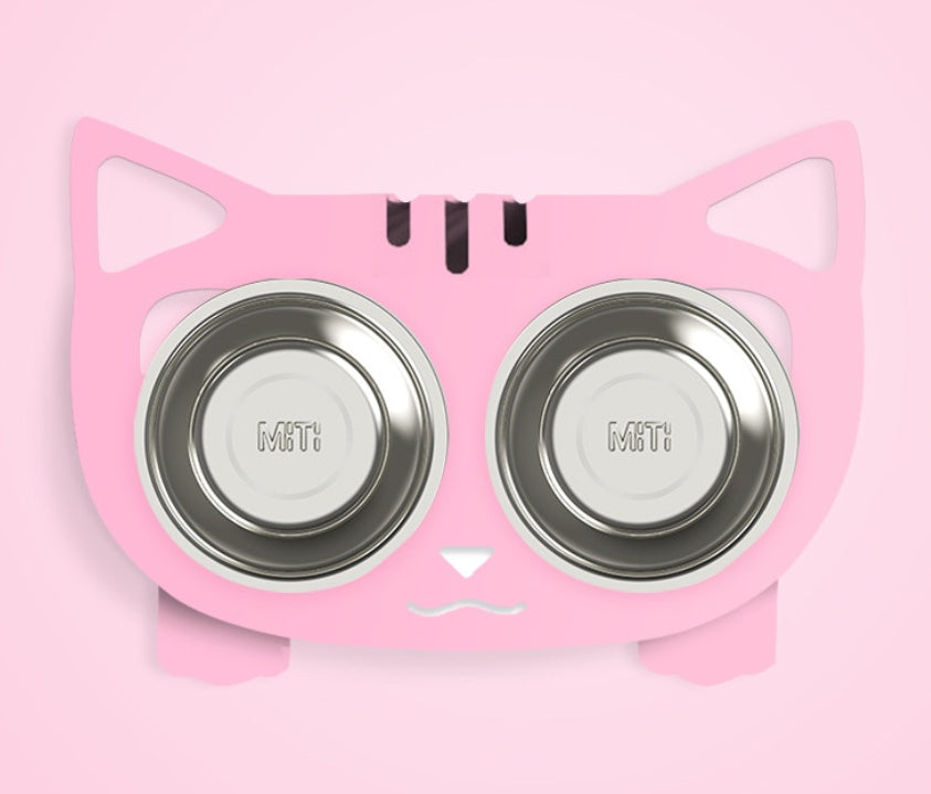 Cute pink cat and dog water bowl with stand featuring stainless steel bowls for pets