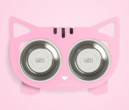 Cute pink cat and dog water bowl with stand featuring stainless steel bowls for pets