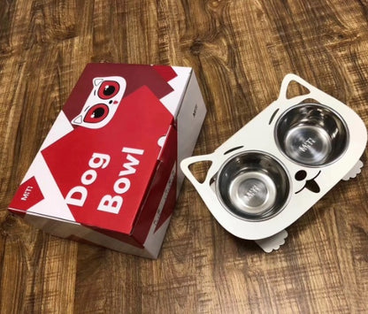 Cute cat and dog water bowl with stand featuring two stainless steel bowls for pets
