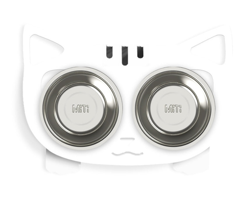 Cat and dog water bowl with stand in a cute cat design featuring two stainless steel bowls