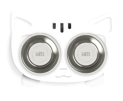 Cat and dog water bowl with stand in a cute cat design featuring two stainless steel bowls