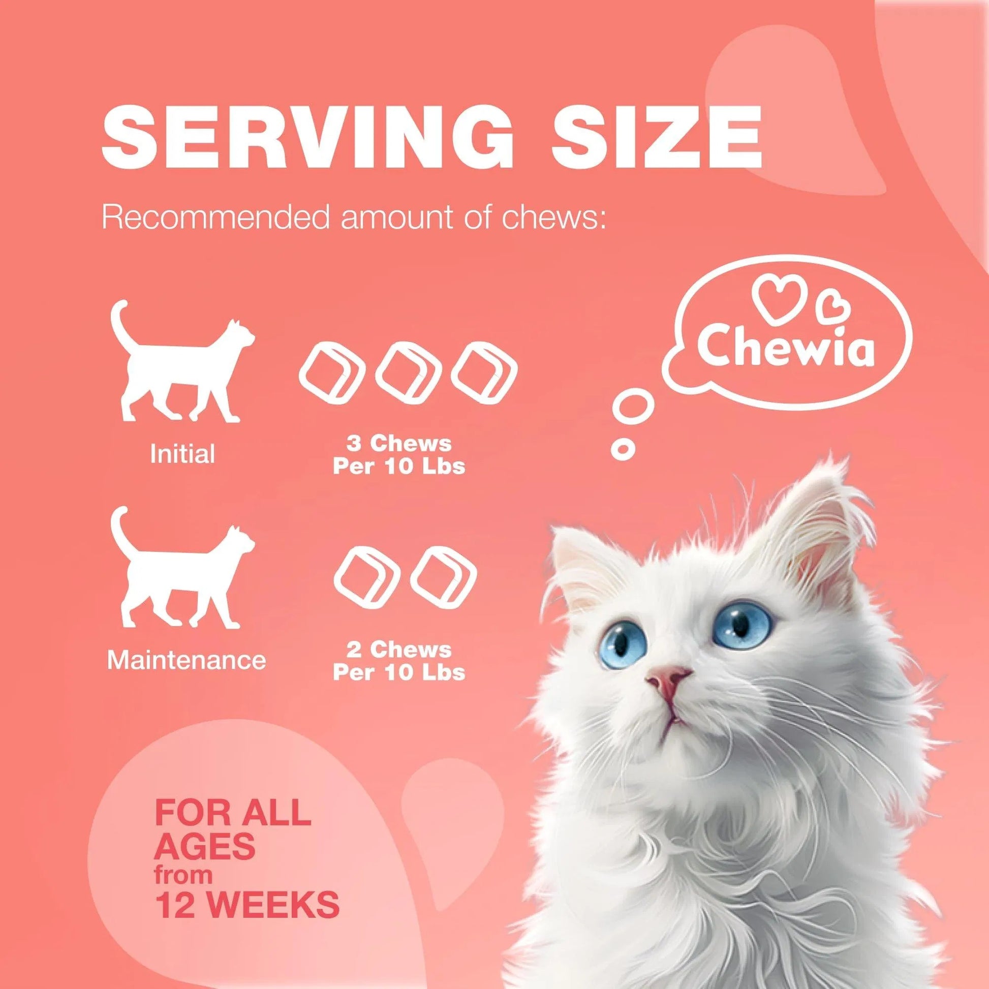 Serving size guide for flea treatment chews for cats with recommended amounts for initial and maintenance use