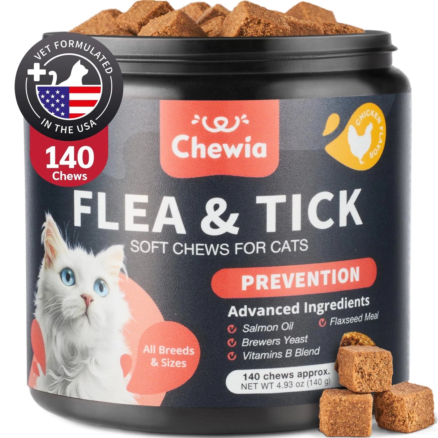 Chewia flea treatment chews for cats in a container, featuring advanced ingredients for prevention