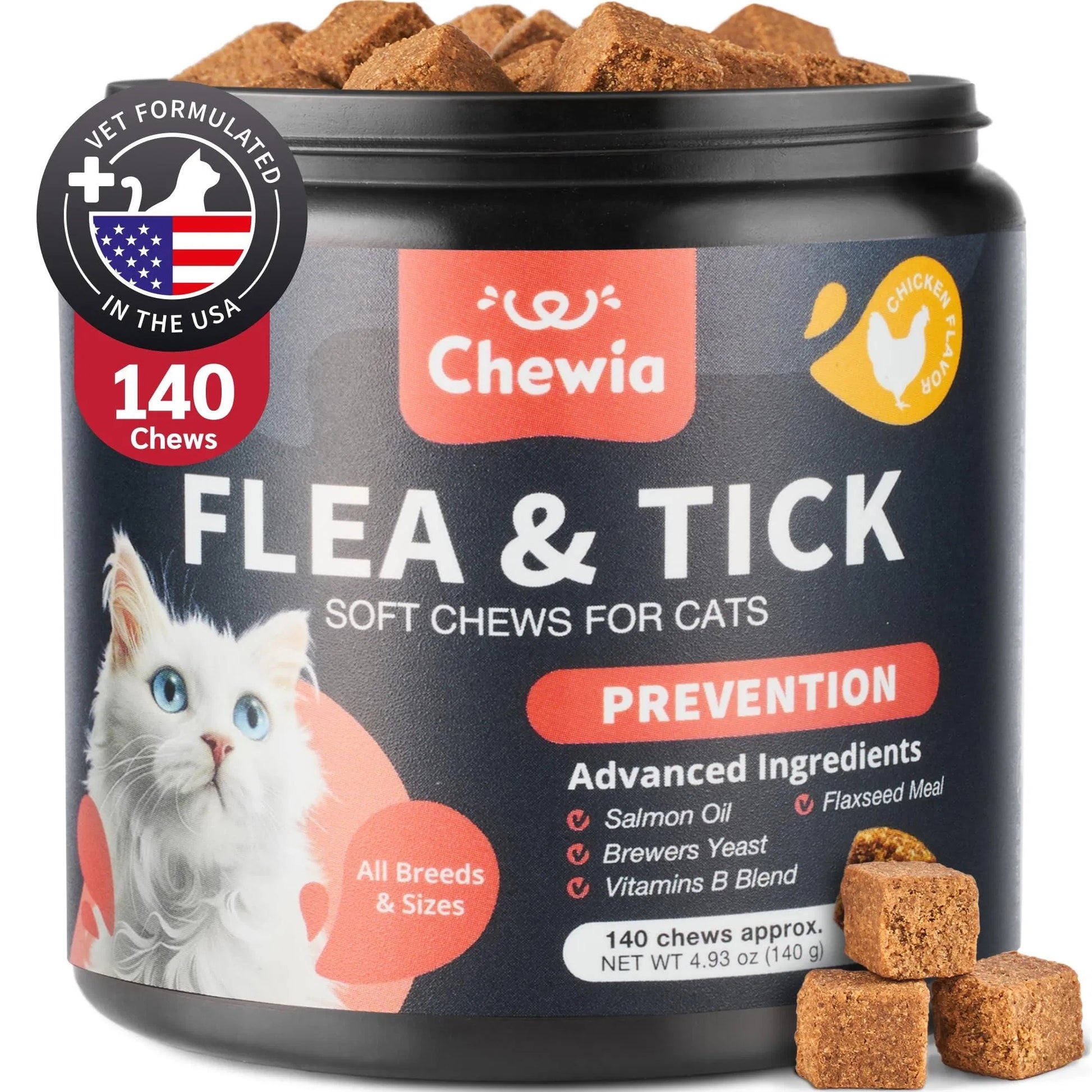 Chewia flea treatment chews for cats in a container, featuring advanced ingredients for prevention