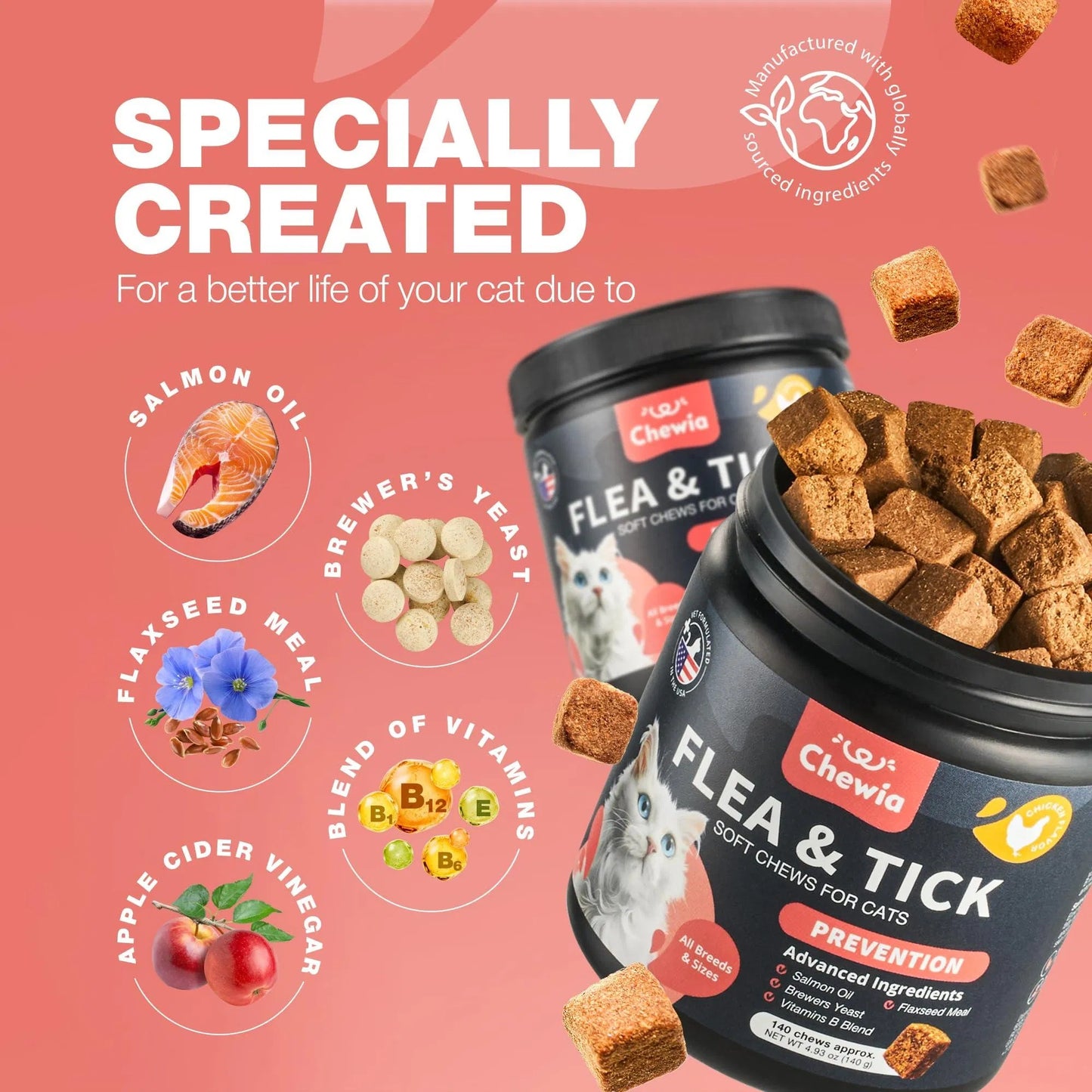 Pet Haven Delights Flea Treatment Chews for Cats in a round container with soft chews and label