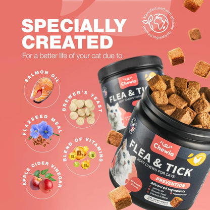 Pet Haven Delights Flea Treatment Chews for Cats in a round container with soft chews and label