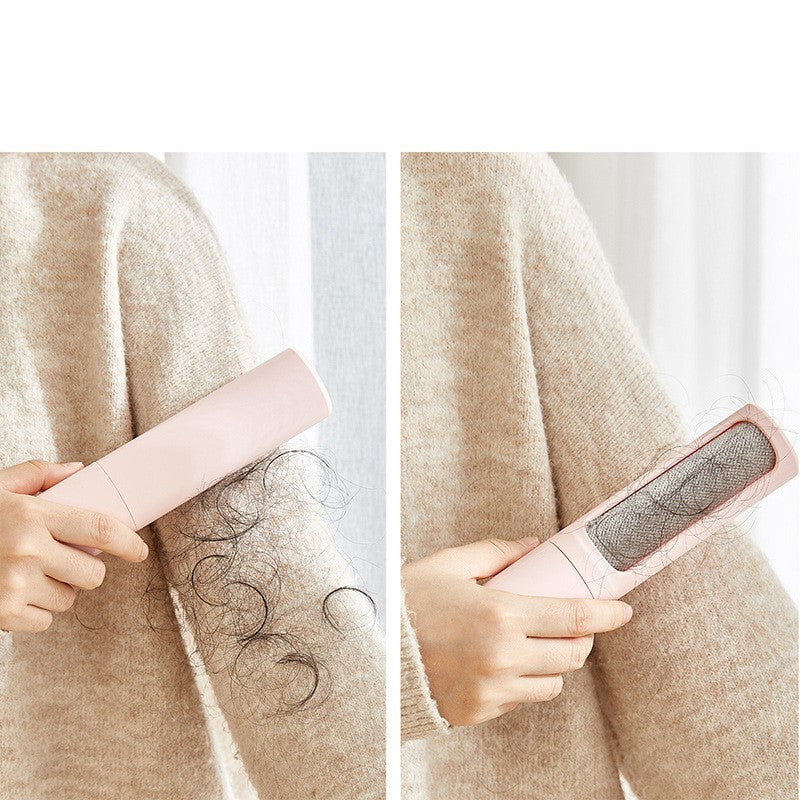 Orange Poppy reusable pet hair remover brush removing pet hair from beige sweater and showing collected fur in mesh