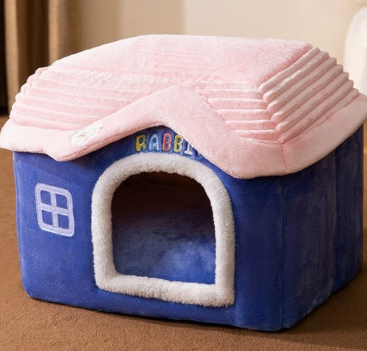 Cozy foldable pet nest sofa in blue and pink, perfect for small pets to relax and play.