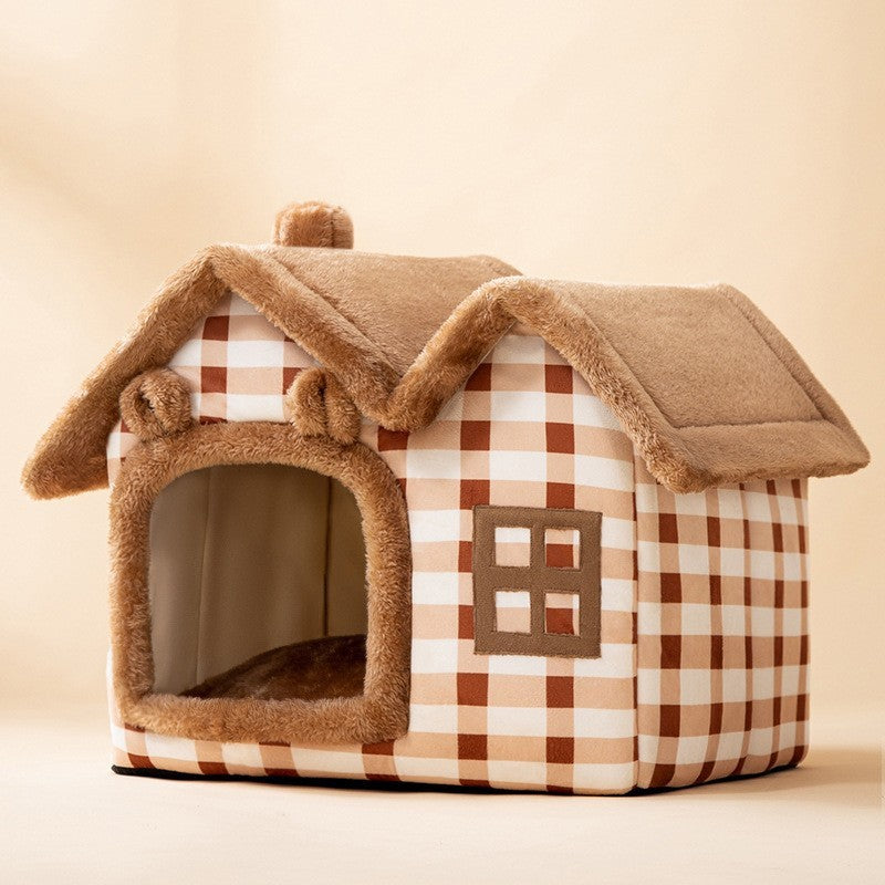 Cozy foldable pet nest sofa shaped like a house with soft plaid fabric for pets