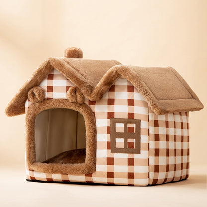 Cozy foldable pet nest sofa shaped like a house with soft plaid fabric for pets