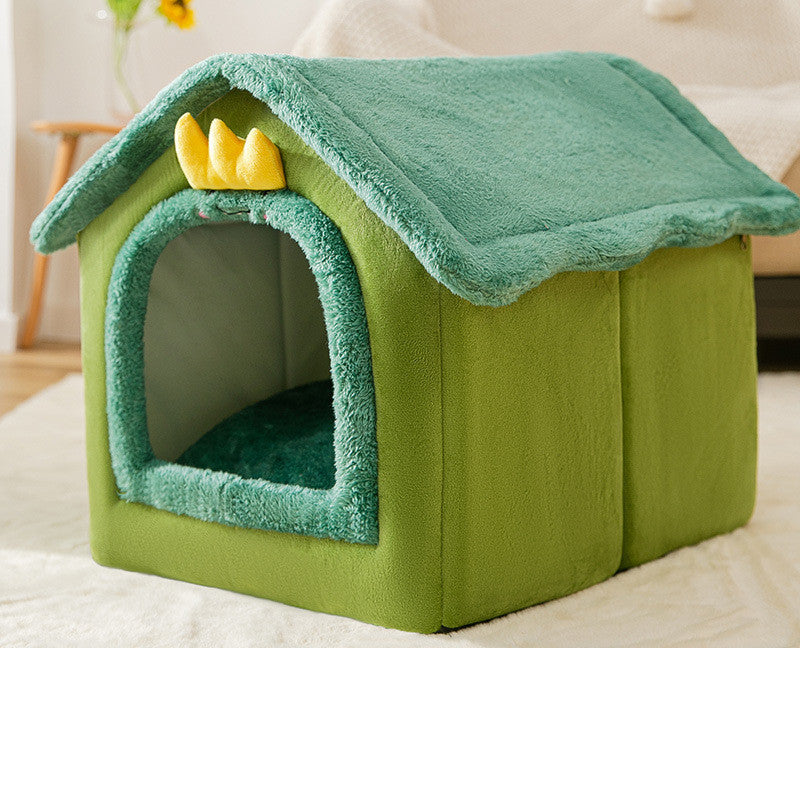 Cozy foldable pet nest sofa in green with a soft texture and playful roof design for pet comfort