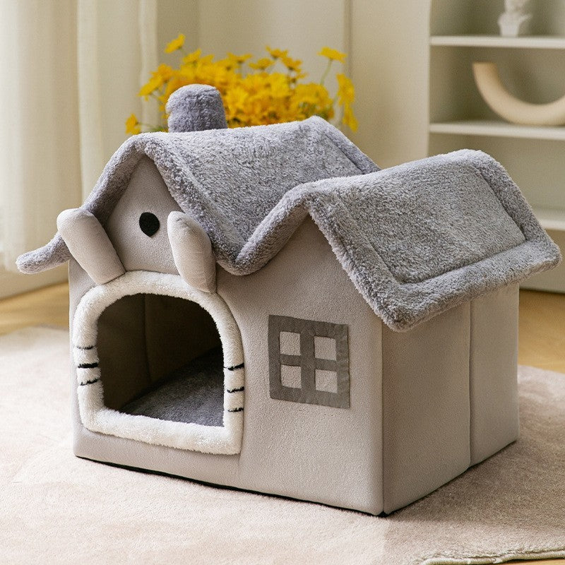 Cozy foldable pet nest sofa designed as a cute house for pets with soft plush fabric.
