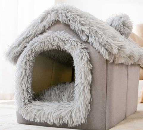 Cozy foldable pet nest sofa in gray with plush fur and a fun house shape for pets to relax