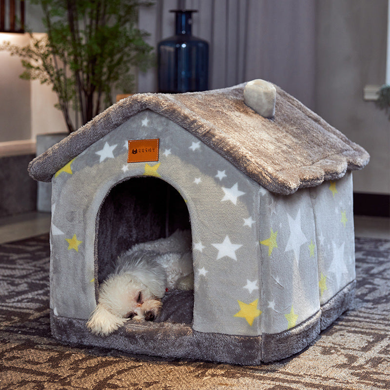 Cozy foldable pet nest sofa in gray with star design, perfect for small dogs to relax and nap
