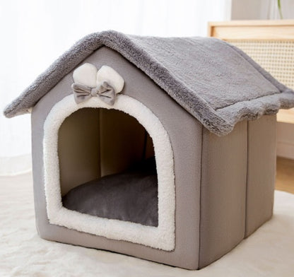 Cozy foldable pet nest sofa in gray with soft faux fur interior and cute roof design for pets