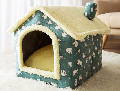 Cozy foldable pet nest sofa with a soft, plush interior and a charming house design for small pets