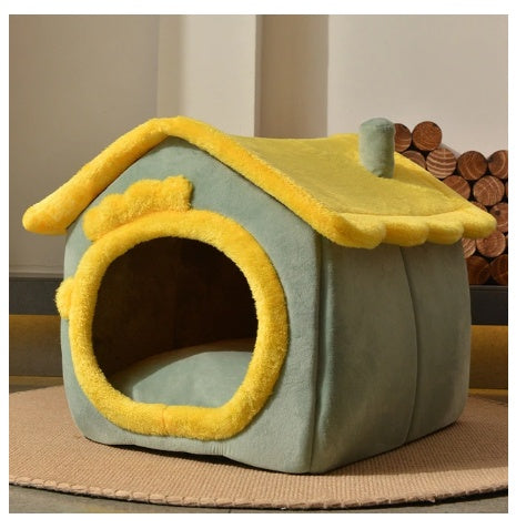 Cozy foldable pet nest sofa in green and yellow, perfect for small pets to relax and play