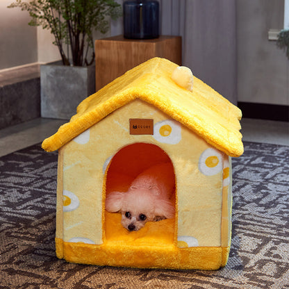 Cozy foldable pet nest sofa in yellow with a cute dog peeking out from the entrance
