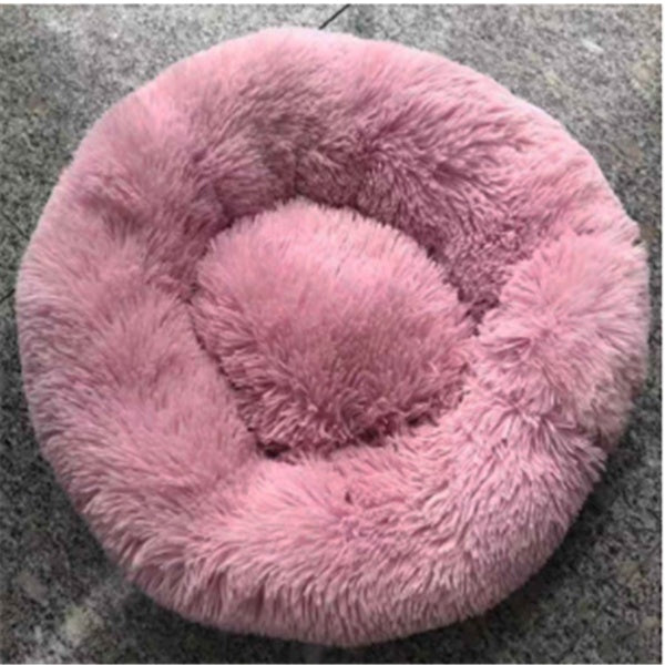 Orange Poppy pink round fluffy cat bed with plush faux fur donut design and raised bolstered rim for comfort