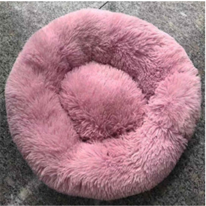 Orange Poppy pink round fluffy cat bed with plush faux fur donut design and raised bolstered rim for comfort
