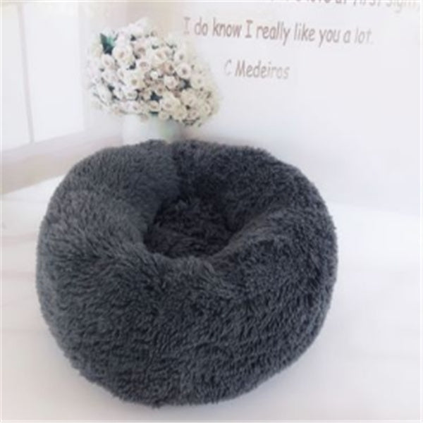 Orange Poppy round fluffy cat bed in charcoal gray donut shape with plush faux fur cozy nest