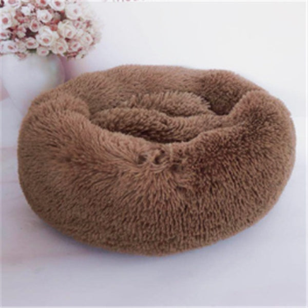 Orange Poppy round fluffy cat bed in brown donut shape with high plush rim for cuddly pet comfort
