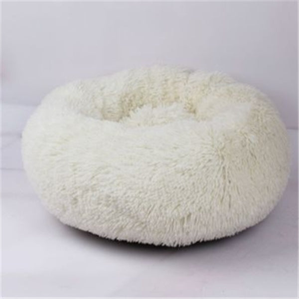 Orange Poppy round fluffy cat bed in cream faux sherpa donut design for small cats and kittens