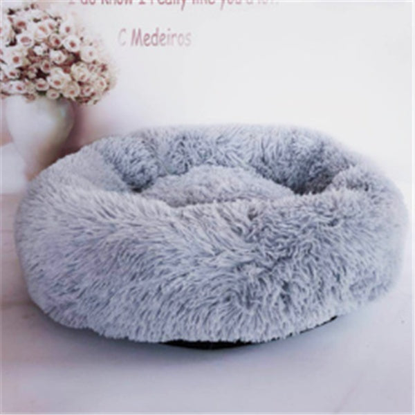 Orange Poppy gray plush round fluffy cat bed donut style with raised rim for cozy nesting