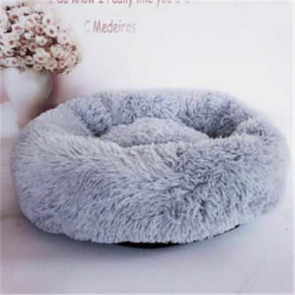 Orange Poppy gray plush round fluffy cat bed donut style with raised rim for cozy nesting