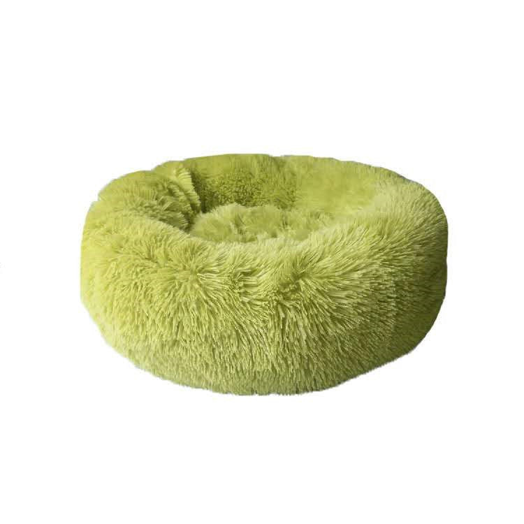 Orange Poppy round fluffy cat bed in lime green plush donut design with bolstered rim for small pets