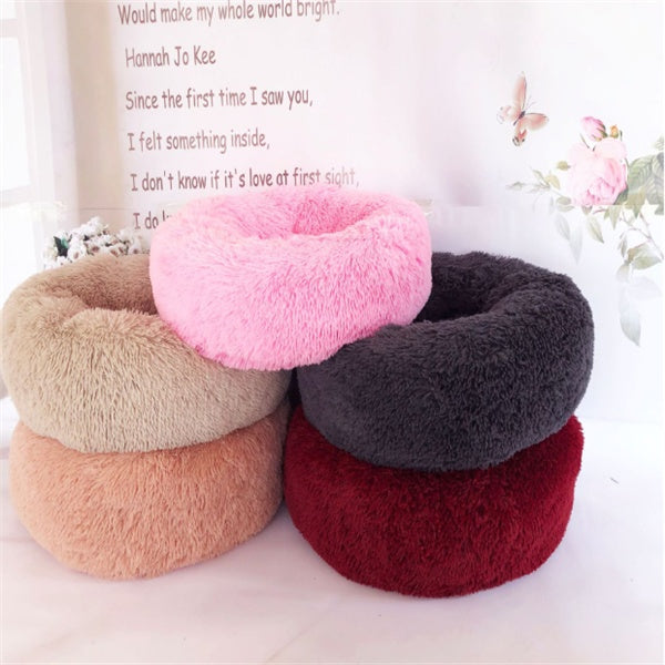 Orange Poppy round fluffy cat bed plush donut pet bed in pink gray burgundy beige for cozy calming sleep