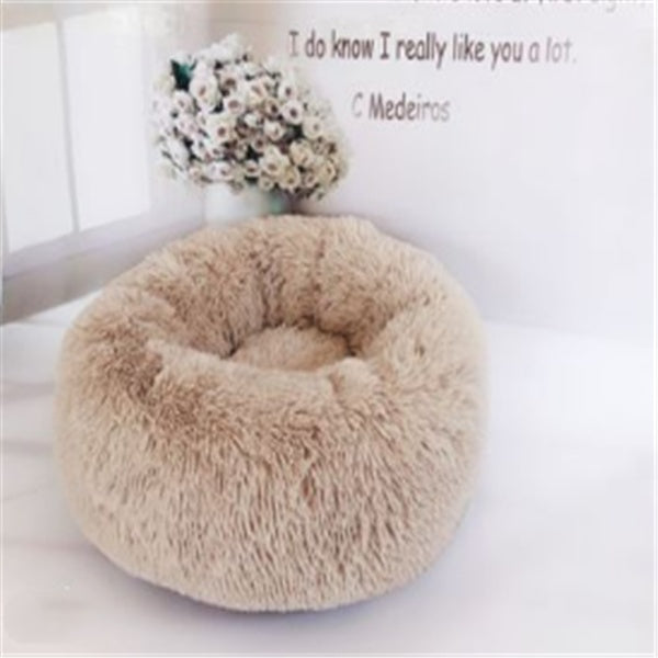 Orange Poppy round fluffy cat bed in beige faux fur donut design for cozy pet naps