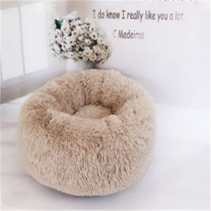 Orange Poppy round fluffy cat bed in beige faux fur donut design for cozy pet naps