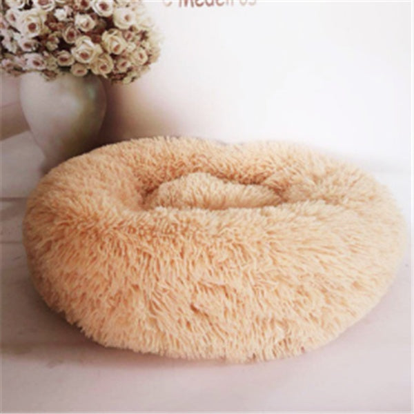 Orange Poppy round fluffy cat bed beige faux fur donut shape cozy nest for small to medium cats