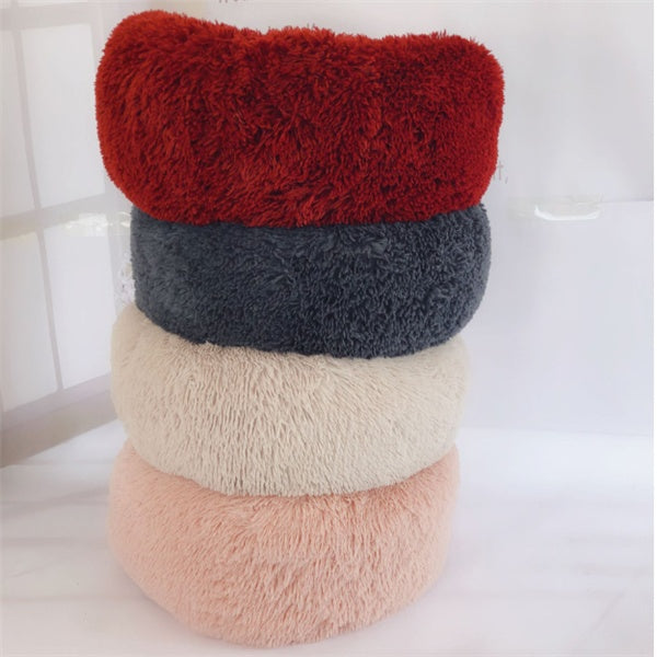 Orange Poppy round fluffy cat bed stack of four plush donut beds in red gray cream and blush pink