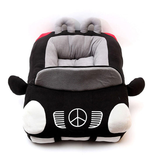 Orange Poppy plush black and gray dog bed shaped like a car with cushioned interior and steering hood design