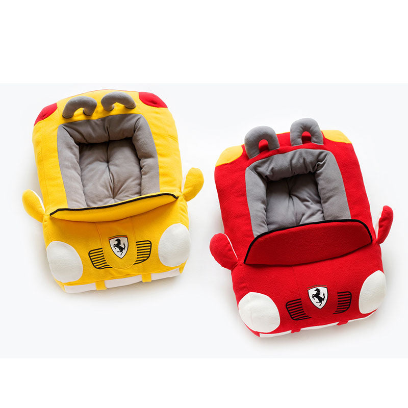 Orange Poppy dog bed shaped like a car in red and yellow plush with cushioned gray interior for small dogs