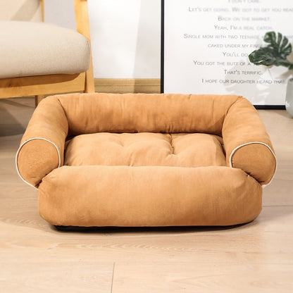 Orange Poppy warm cat and dog cushion in tan suede look pet bed with bolstered sides for small dogs and cats