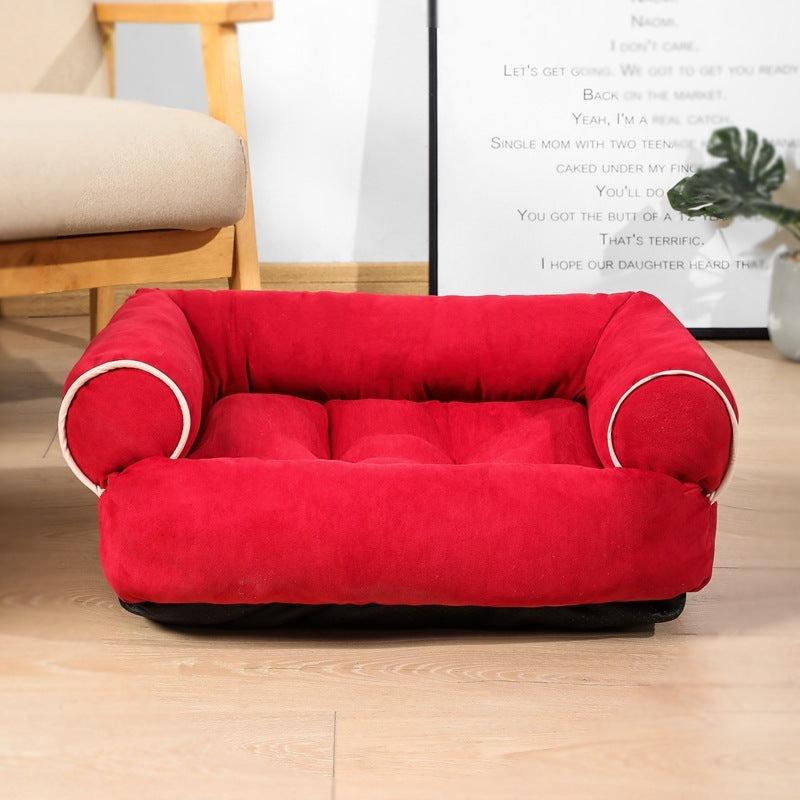 Orange Poppy red plush pet sofa bed with bolstered sides and tufted center warm cat and dog cushion