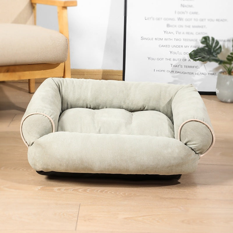 Orange Poppy warm cat and dog cushion in sage plush with bolstered sides and tufted center for small to medium pets