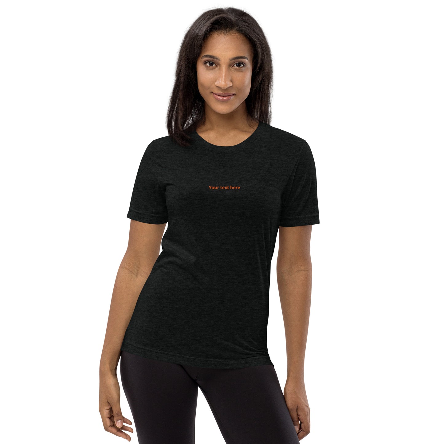 Woman wearing a black custom pet t-shirt with customizable text on front by Pet Treat