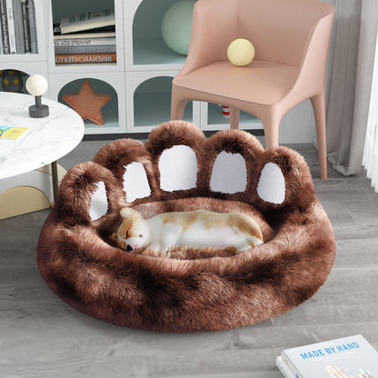 Cute plush cat bed for indoor cats shaped like a paw with cozy fur for comfort