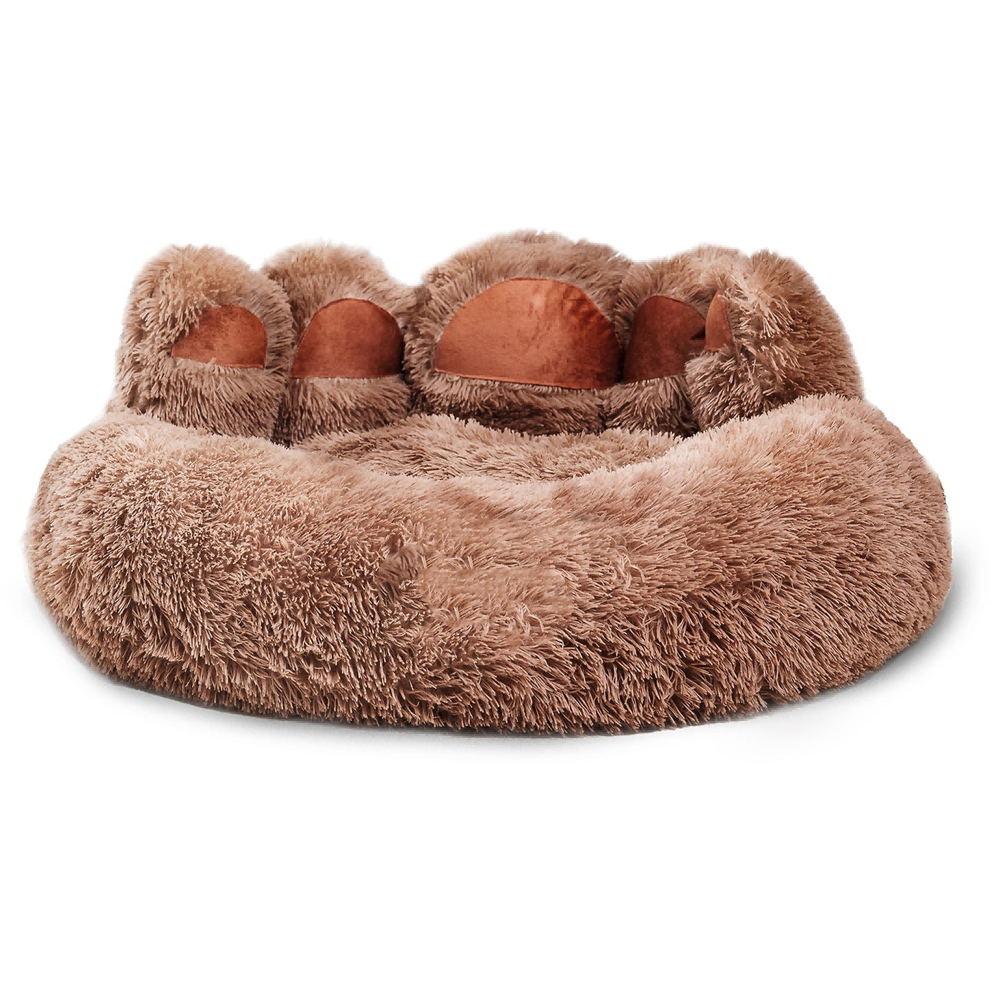 Cozy brown cute plush cat bed for indoor cats with soft, fluffy texture and paw-shaped design