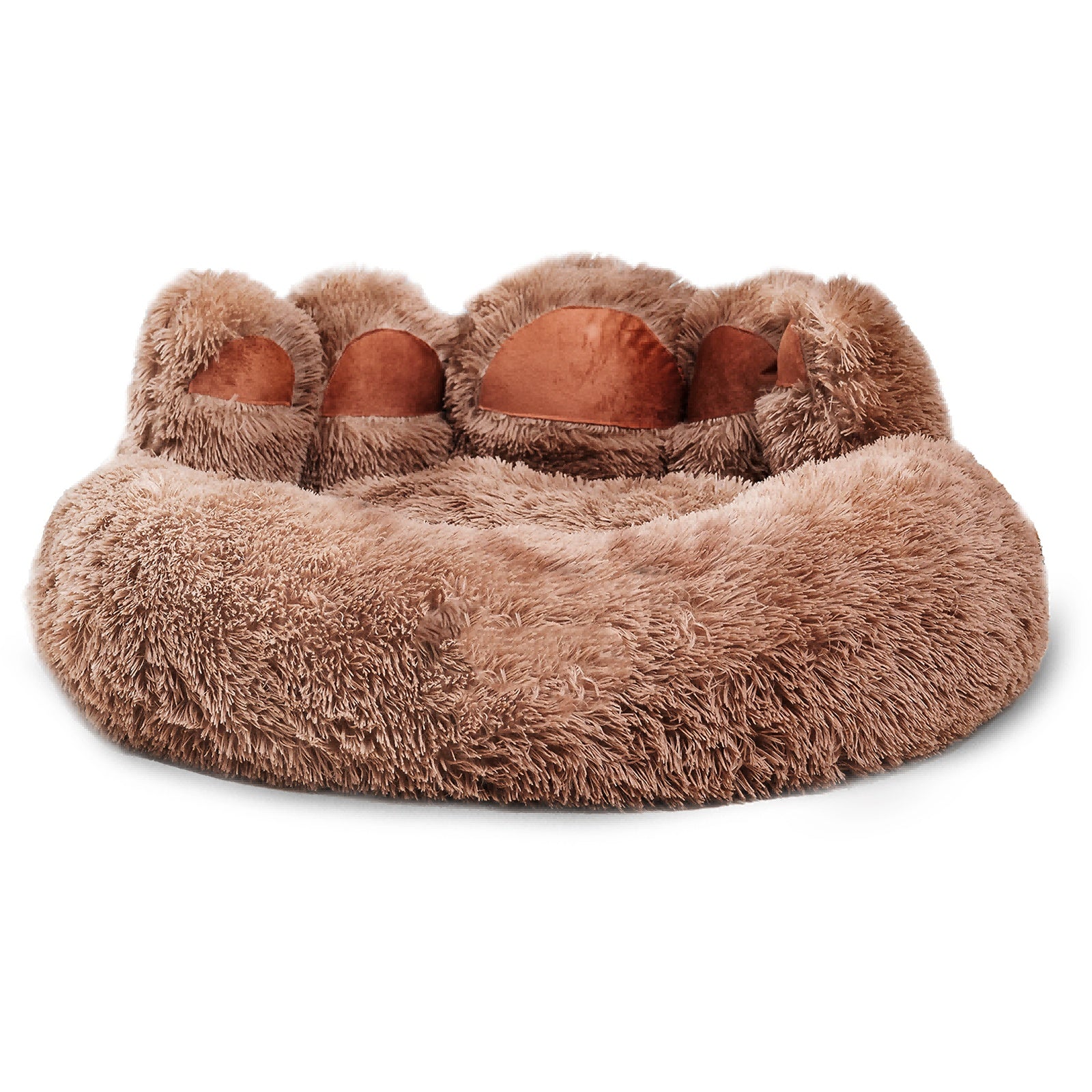 Cozy brown cute plush cat bed for indoor cats with soft, fluffy texture and paw-shaped design