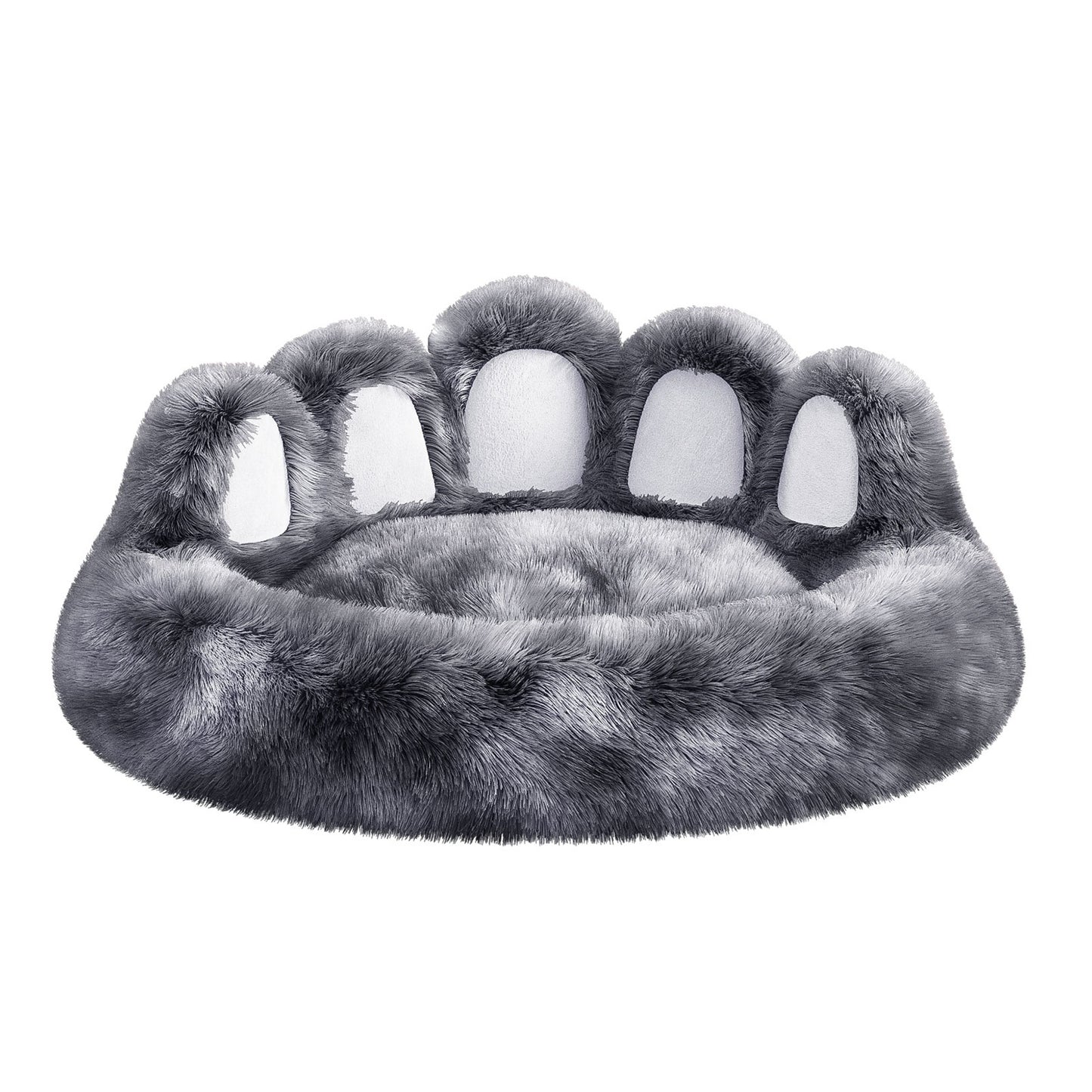 Soft gray cute plush cat bed for indoor cats shaped like a paw for comfy lounging
