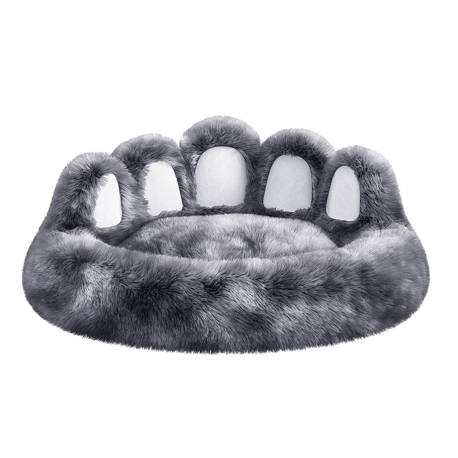 Soft gray cute plush cat bed for indoor cats shaped like a paw for comfy lounging
